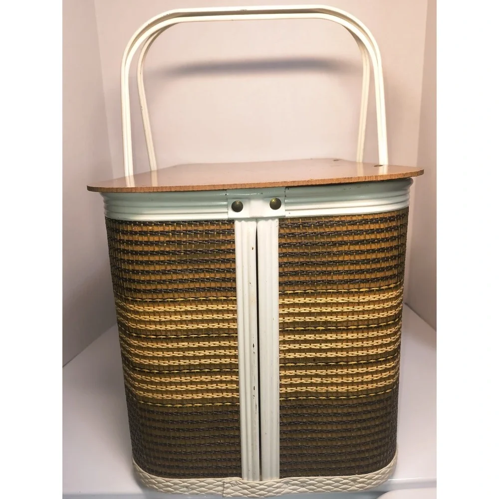 Vintage Redmon Picnic Basket Brown Stripe Dual Metal Handles Hinged Lid